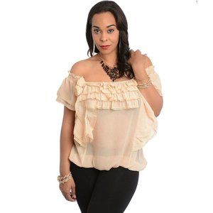 7Colors Ladies Sheer Top Beige Ruffled-Off-Shoulder-Square-Neck Size S  NWT